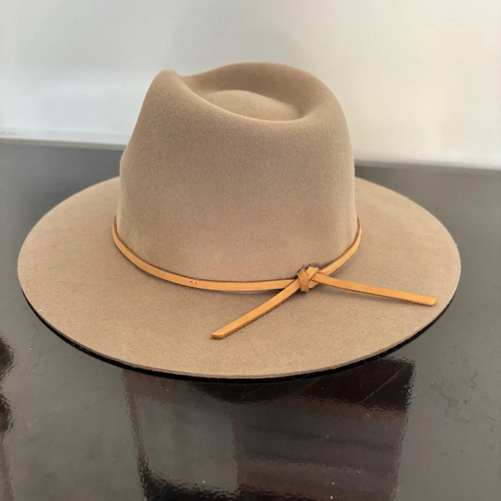 Brixton Messer Fedora Tan Wool Felt Wide‎  Brim Hat Leather Band Womens M 58cm